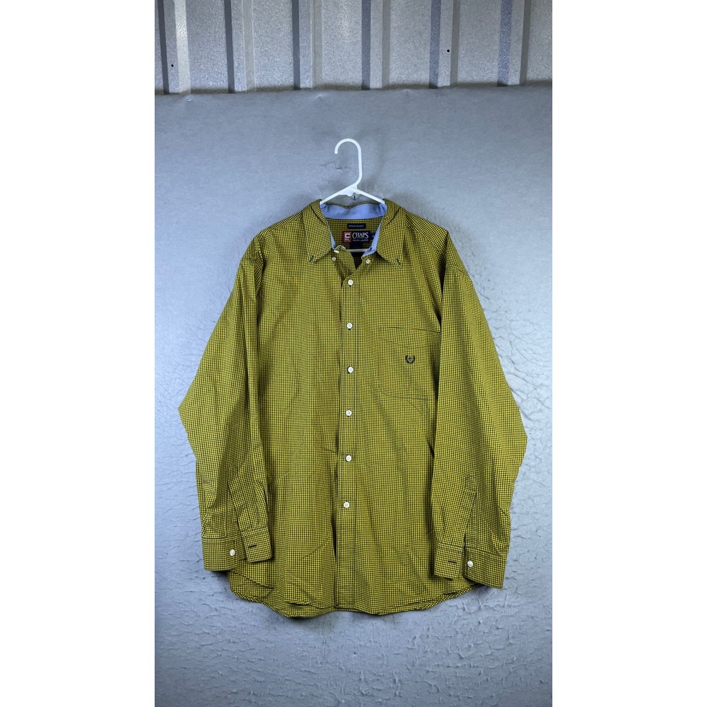 Chaps Button Down Shirt Mens XL Yellow Blue Excellent Gingham Indigo Plaids